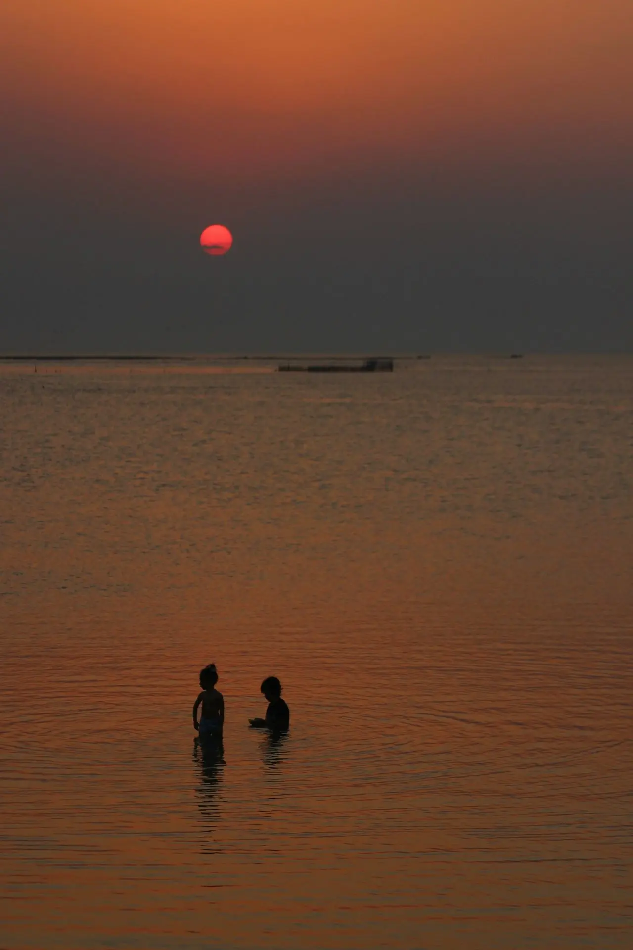 silhouette of 2 people standing on beach during sunset